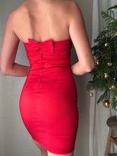 Load image into Gallery viewer, Vintage Cherry Red Strapless Mini Dress: Satin Bow Back
