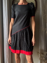 Load image into Gallery viewer, Vintage Black Red Cotton Asymmetrical Short Puff Sleeve Dress
