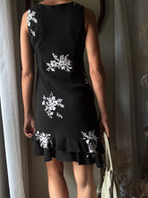 Load image into Gallery viewer, Vintage Black White Floral Lace Dress with Asymmetrical Ruffle Hem Made in USA
