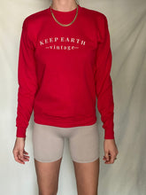 Load image into Gallery viewer, Upcycled Vintage Bright Cherry Red Sweatshirt with Beige Keep Earth Vintagen Embroidered Logo
