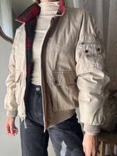 Load image into Gallery viewer, Vintage 80s Beige Bomber Jacket: Plaid Lining, Removable Hood
