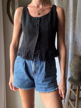 Load image into Gallery viewer, Reversible Black Cropped Tank Top: Beaded Lace Hem, Button Up
