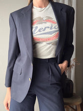 Load image into Gallery viewer, Vintage Wool Boyfriend Blazer: Dark Navy Blue with Gold Crest Buttons
