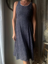 Load image into Gallery viewer, 90s Polka Dot Maxi Dress: Navy Blue Scalloped Trim, Made in USA
