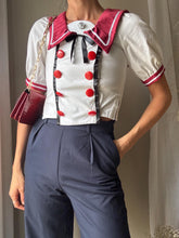 Load image into Gallery viewer, Vintage Handmade Nautical Sailor Top: Puff Sleeves, Burgundy Collar
