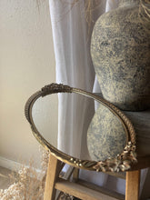 Load image into Gallery viewer, Vintage Gold Metal Oval Mirror Vanity Tray Floral Trim Detail
