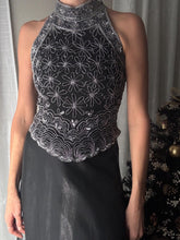 Load image into Gallery viewer, Vintage High Neck Black Silk and Silver Beaded Sequin Halter Top
