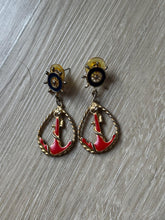 Load image into Gallery viewer, Vintage Anchor Nautical Blue Red Gold Drop Earrings
