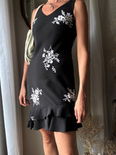 Load image into Gallery viewer, Vintage Black White Floral Lace Dress with Asymmetrical Ruffle Hem Made in USA
