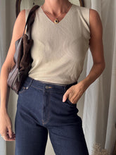 Load image into Gallery viewer, Classic Vintage Beige Cropped V Neck Knit Tank Top Black Striped Hem

