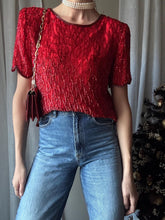 Load image into Gallery viewer, Vintage Red Silk Sequin Blouse: Beaded Short Sleeve Top Shoulder Pads
