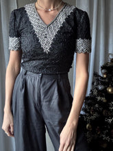 Load image into Gallery viewer, Vintage Black Silk Silver Sequin Beaded Blouse: Short Sleeve
