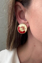 Load image into Gallery viewer, Vintage 80s 90s Nautical Red Cream Gold Ship Wheel Circle Statement Earrings
