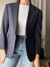 Load image into Gallery viewer, Vintage Wool Boyfriend Blazer: Dark Navy Blue with Gold Crest Buttons
