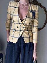 Load image into Gallery viewer, Vintage Yellow Black Plaid Blazer Padded Shoulders Petite
