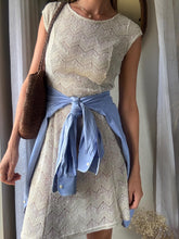 Load image into Gallery viewer, Vintage Beige Crochet Slightly Sheer Short Sleeve Dress with Subtle Sparkle
