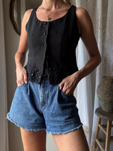 Load image into Gallery viewer, Reversible Black Cropped Tank Top: Beaded Lace Hem, Button Up
