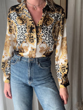 Load image into Gallery viewer, Vintage Abstract Snow Leopard Gold Baroque Print Satin Button Down Blouse

