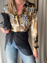 Load image into Gallery viewer, Vintage Abstract Snow Leopard Gold Baroque Print Satin Button Down Blouse
