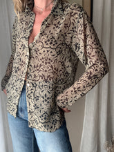 Load image into Gallery viewer, Vintage Beige Olive Semi Sheer Collared Button Up Collared Shirt Blouse Black Floral Pattern Abalone Shell Buttons Made in USA
