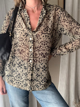 Load image into Gallery viewer, Vintage Beige Olive Semi Sheer Collared Button Up Collared Shirt Blouse Black Floral Pattern Abalone Shell Buttons Made in USA
