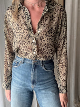 Load image into Gallery viewer, Vintage Beige Olive Semi Sheer Collared Button Up Collared Shirt Blouse Black Floral Pattern Abalone Shell Buttons Made in USA
