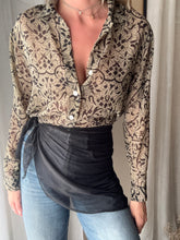 Load image into Gallery viewer, Vintage Beige Olive Semi Sheer Collared Button Up Collared Shirt Blouse Black Floral Pattern Abalone Shell Buttons Made in USA
