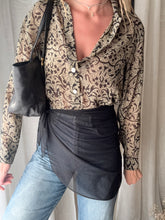 Load image into Gallery viewer, Vintage Beige Olive Semi Sheer Collared Button Up Collared Shirt Blouse Black Floral Pattern Abalone Shell Buttons Made in USA
