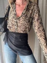 Load image into Gallery viewer, Vintage Beige Olive Semi Sheer Collared Button Up Collared Shirt Blouse Black Floral Pattern Abalone Shell Buttons Made in USA
