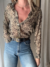 Load image into Gallery viewer, Vintage Beige Olive Semi Sheer Collared Button Up Collared Shirt Blouse Black Floral Pattern Abalone Shell Buttons Made in USA
