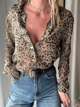 Load image into Gallery viewer, Vintage Beige Olive Semi Sheer Collared Button Up Collared Shirt Blouse Black Floral Pattern Abalone Shell Buttons Made in USA
