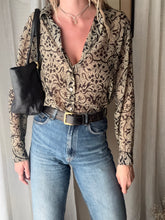 Load image into Gallery viewer, Vintage Beige Olive Semi Sheer Collared Button Up Collared Shirt Blouse Black Floral Pattern Abalone Shell Buttons Made in USA
