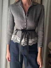 Load image into Gallery viewer, Vintage Upcycled Gray Cropped Blazer with French Vintage Lace Sourced from France Removable Waist Tie
