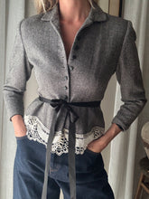 Load image into Gallery viewer, Vintage Upcycled Gray Cropped Blazer with French Vintage Lace Sourced from France Removable Waist Tie
