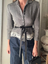 Load image into Gallery viewer, Vintage Upcycled Gray Cropped Blazer with French Vintage Lace Sourced from France Removable Waist Tie
