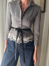 Load image into Gallery viewer, Vintage Upcycled Gray Cropped Blazer with French Vintage Lace Sourced from France Removable Waist Tie
