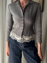 Load image into Gallery viewer, Vintage Upcycled Gray Cropped Blazer with French Vintage Lace Sourced from France Removable Waist Tie
