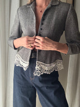 Load image into Gallery viewer, Vintage Upcycled Gray Cropped Blazer with French Vintage Lace Sourced from France Removable Waist Tie
