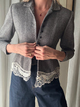 Load image into Gallery viewer, Vintage Upcycled Gray Cropped Blazer with French Vintage Lace Sourced from France Removable Waist Tie
