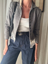 Load image into Gallery viewer, Vintage Upcycled Gray Cropped Blazer with French Vintage Lace Sourced from France Removable Waist Tie
