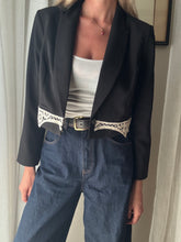 Load image into Gallery viewer, Vintage Upcycled Black Cropped Blazer with French Vintage Lace Sourced from France
