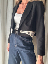 Load image into Gallery viewer, Vintage Upcycled Black Cropped Blazer with French Vintage Lace Sourced from France

