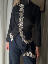 Load image into Gallery viewer, Vintage French Lace Upcycled Mandarin Collar Button Up with Removable Pleated Asymmetrical Skirt Panel
