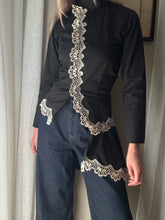 Load image into Gallery viewer, Vintage French Lace Upcycled Mandarin Collar Button Up with Removable Pleated Asymmetrical Skirt Panel
