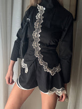 Load image into Gallery viewer, Vintage French Lace Upcycled Mandarin Collar Button Up with Removable Pleated Asymmetrical Skirt Panel
