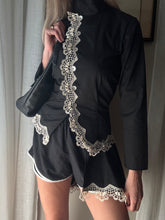 Load image into Gallery viewer, Vintage French Lace Upcycled Mandarin Collar Button Up with Removable Pleated Asymmetrical Skirt Panel
