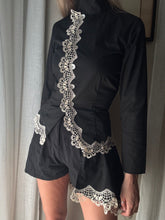 Load image into Gallery viewer, Vintage French Lace Upcycled Mandarin Collar Button Up with Removable Pleated Asymmetrical Skirt Panel
