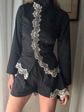 Load image into Gallery viewer, Vintage French Lace Upcycled Mandarin Collar Button Up with Removable Pleated Asymmetrical Skirt Panel
