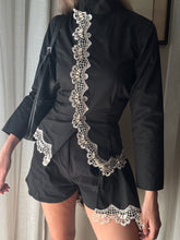 Load image into Gallery viewer, Vintage French Lace Upcycled Mandarin Collar Button Up with Removable Pleated Asymmetrical Skirt Panel
