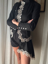 Load image into Gallery viewer, Vintage French Lace Upcycled Mandarin Collar Button Up with Removable Pleated Asymmetrical Skirt Panel
